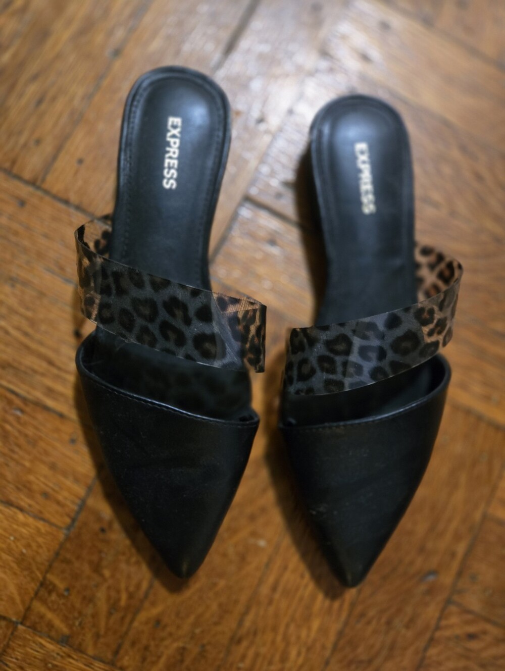 Express Black Pointed Mules with Leopard Strap Accent
